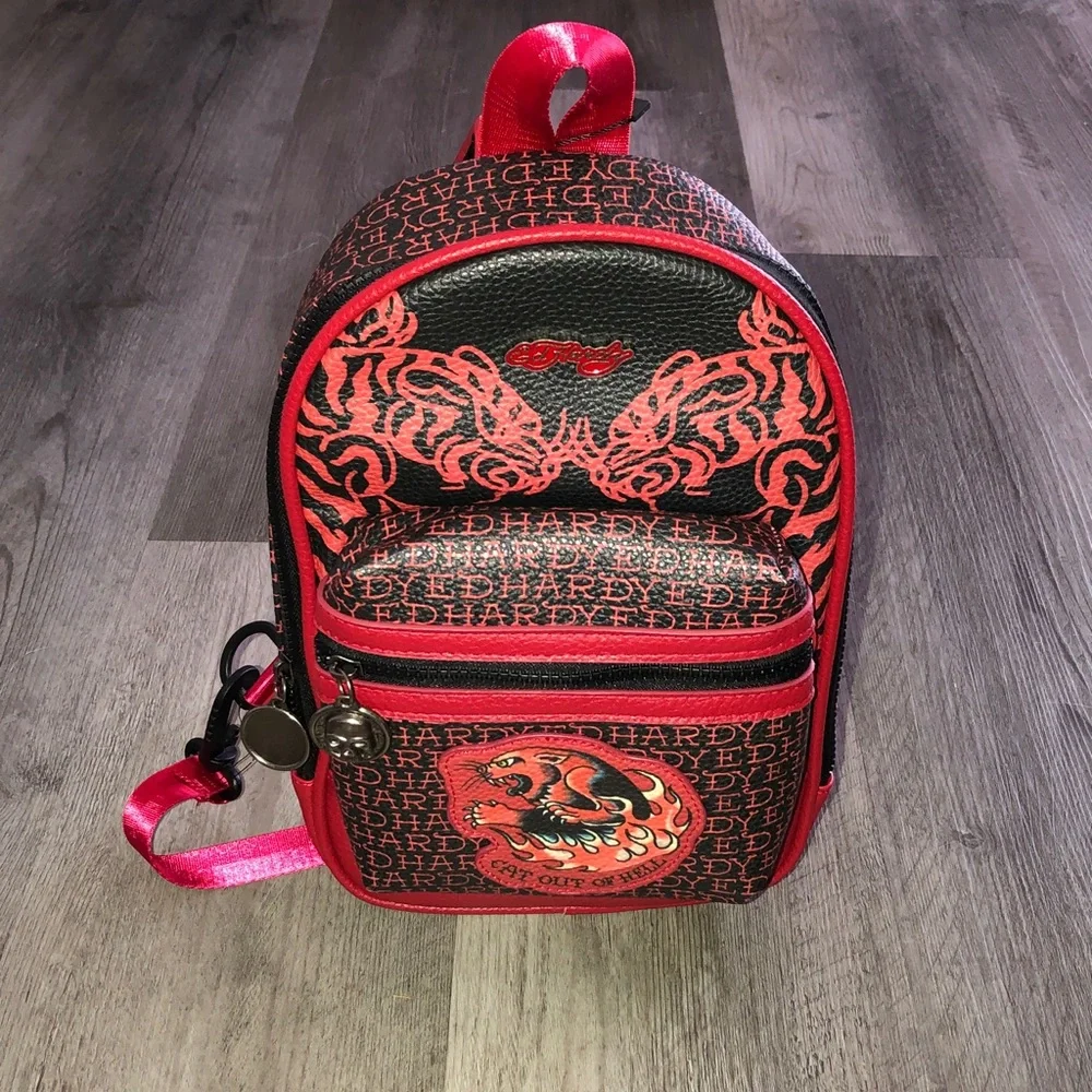 Ed Hardy Red & Black Faux Leather Cat Out Of Hell Unisex Sling Backpack NWT